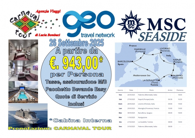 MSC SEASIDE 26 Settembre 2025 da Palermo - Carnaval Tour